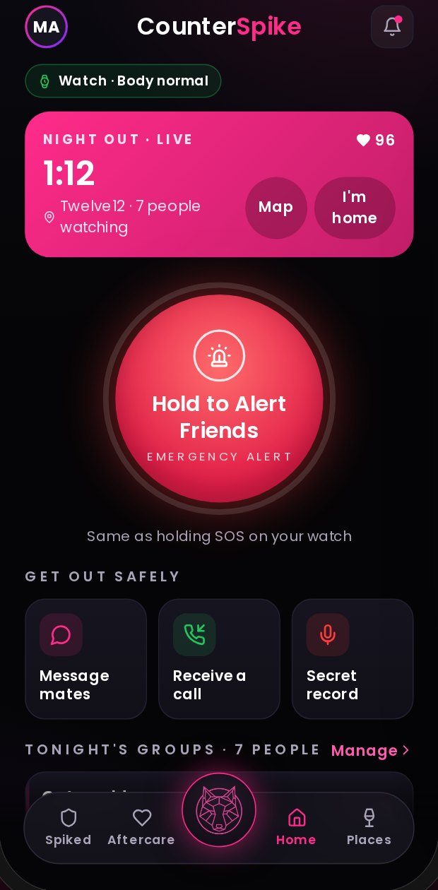 The app home screen showing tonight's groups and who is watching