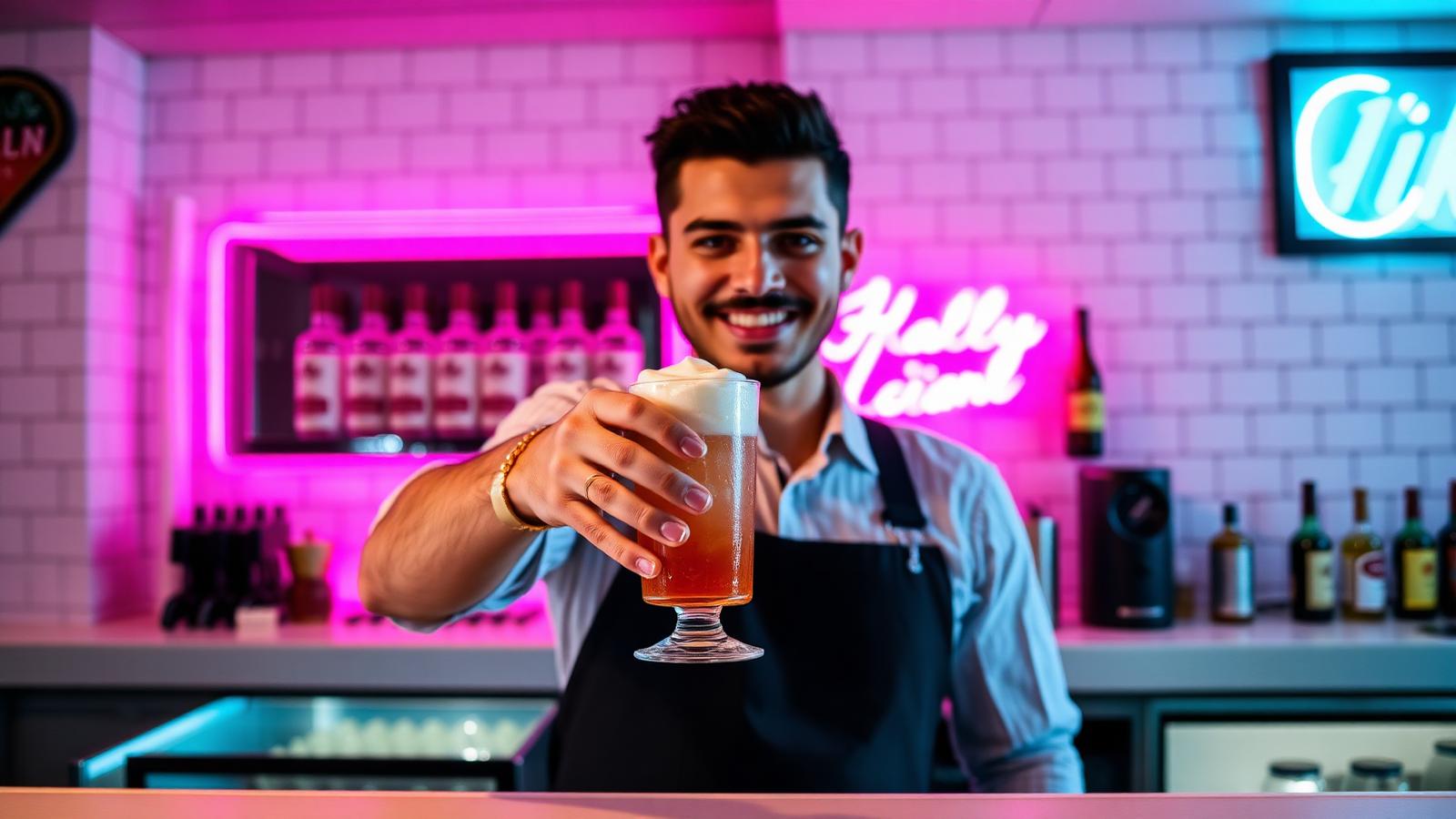 A bartender handing over a covered drink under pink neon