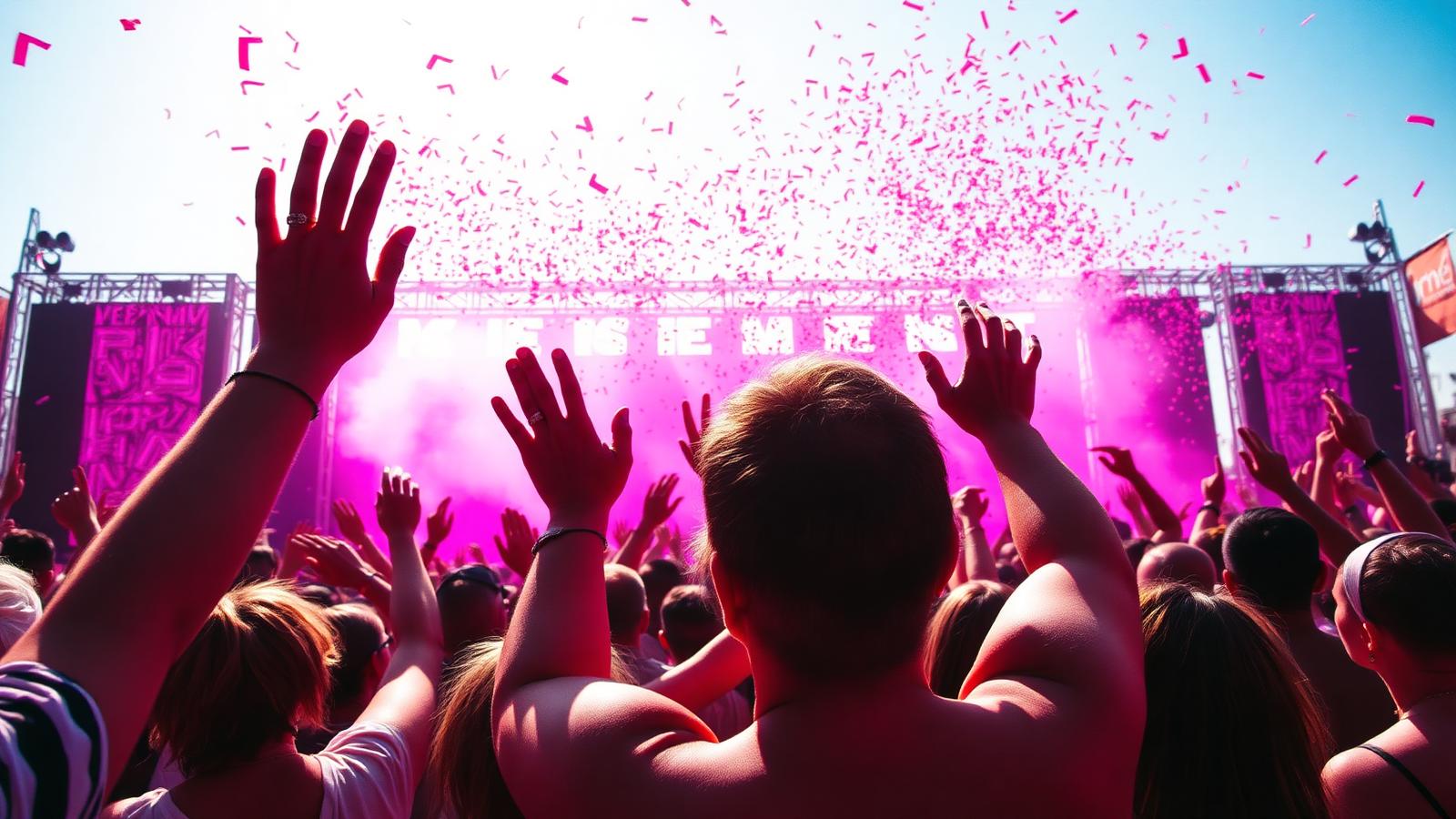 A festival crowd with hands in the air under pink stage light