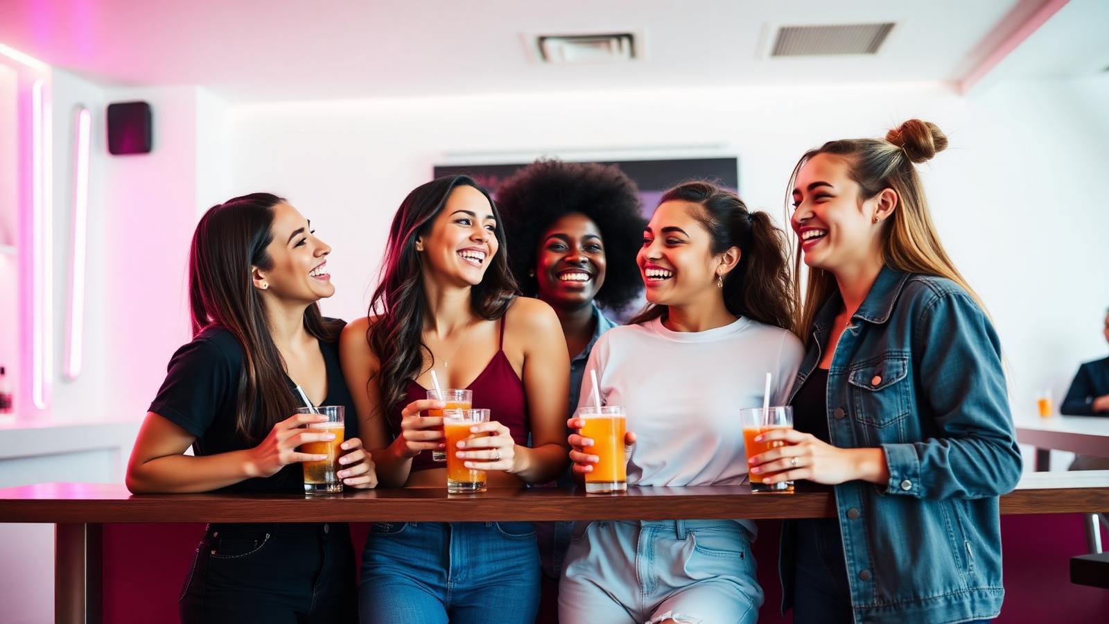 Friends laughing together at a bar with covered drinks